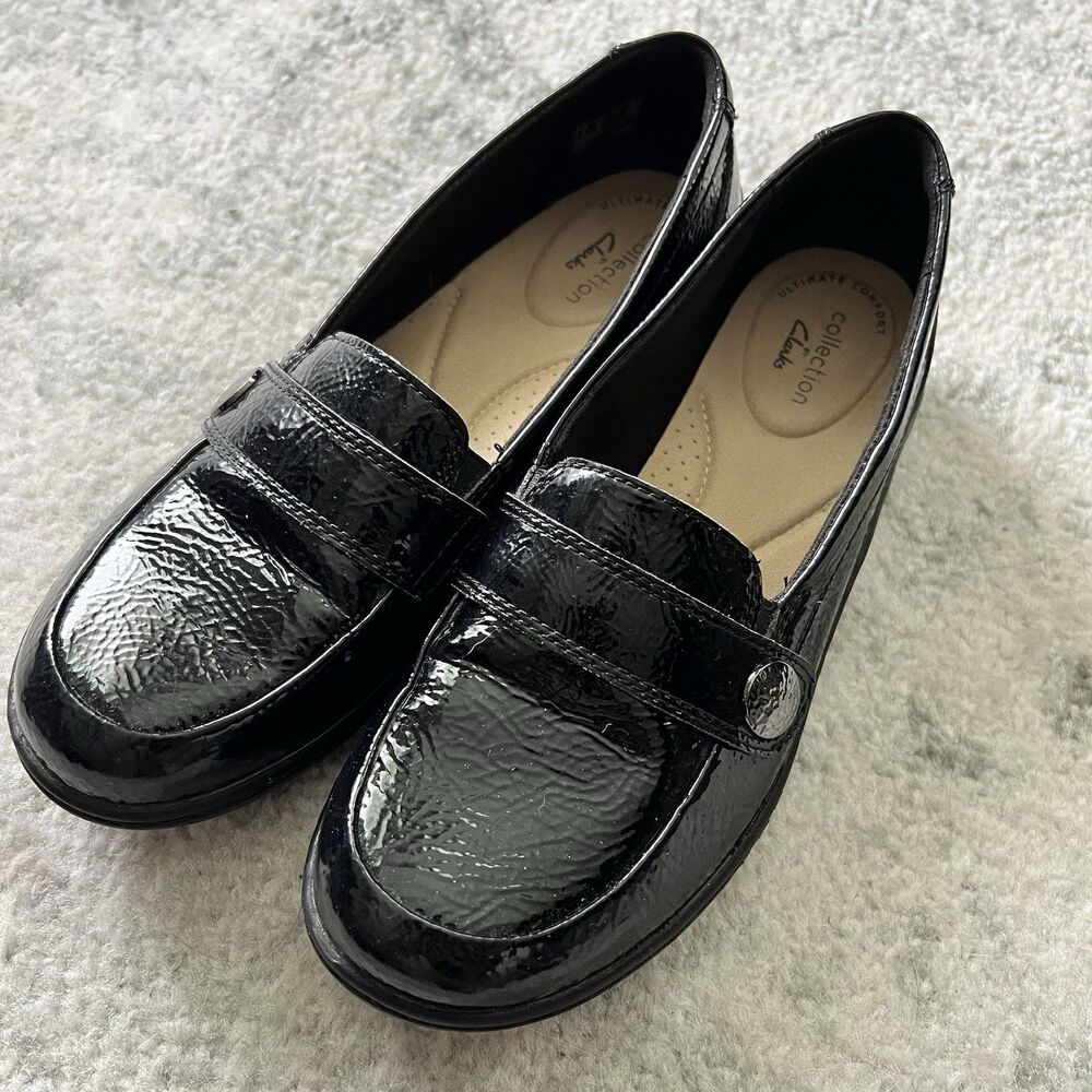 Women’s Clarks Cora Daisy Black Patent Leather Loafers Flats Shoes 6.5